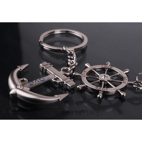 4EVER Romantic Stainless Alloy Metal Silver Nautical Steering Wheel Anchor & Love Boat Rudder Helm Couple Keychain For Sale