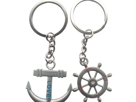 4EVER Romantic Stainless Alloy Metal Silver Nautical Steering Wheel Anchor & Love Boat Rudder Helm Couple Keychain For Sale