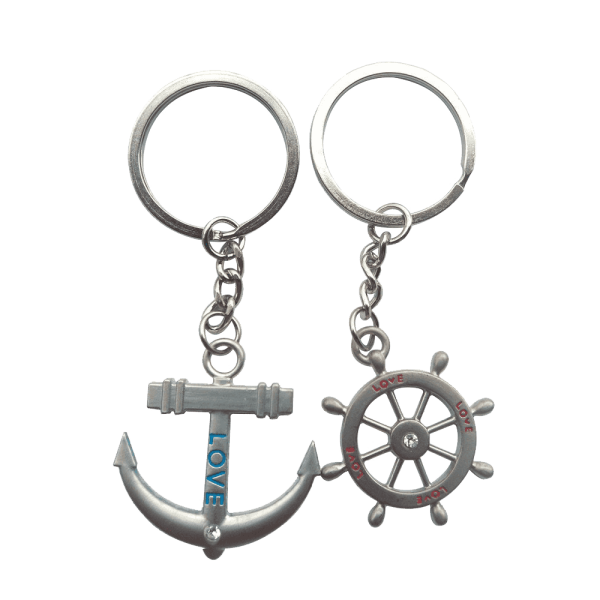 4EVER Romantic Stainless Alloy Metal Silver Nautical Steering Wheel Anchor & Love Boat Rudder Helm Couple Keychain For Sale